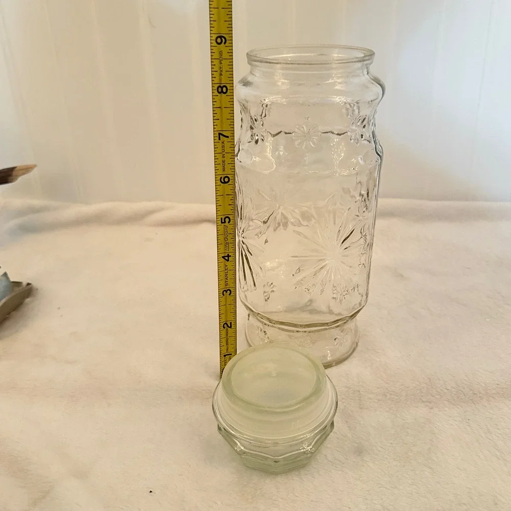 Planters Mr Peanut Glass Canister Jar 1980 Clear Starburst Floral Excellent 8.5